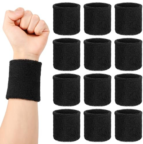 Partideal 12 Stück Schweißbänder Handgelenk,Schwarz Elastische Sport Schweißbänder Set für Männer Frauen Tennis Basketball Fußball Laufen(8x8)