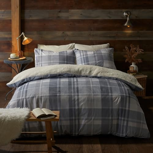 Fusion Checkered Fleece Duvet Cover – Grey/Blue – Single Size (140 x 200cm) – Teddy Bear Fleece – Reversible Tartan Design – Soft Touch Bedding with White Flannel Back