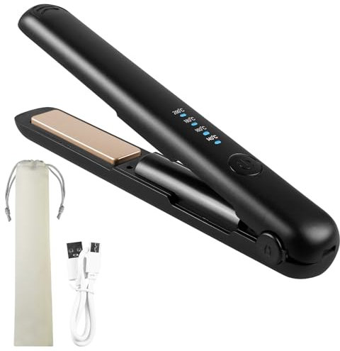 Glätteisen Kabellos, Tragbarer Mini Haarglätter und Lockenstab 2-in-1, Aufladbarer Haarglätter mit 4 Stufen Temperaturen, 3200mah Akku, 20s Schnelles Aufheizen, Mini Reise Glätteisen ideal für unterwe