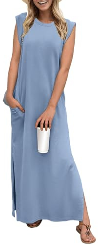 GRECERELLE Womens Summer Maxi Dress Casual Shirt Dresses Elegant Styles Basic Sleeveless Maxi Dresses for Women UK with Split and Pockets