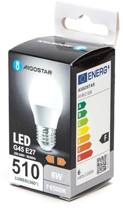 Bombilla LED G45 E27 6W 6500K, alta eficiencia energética, luz blanca fría, ideal para iluminación general y ambientes de trabajo.