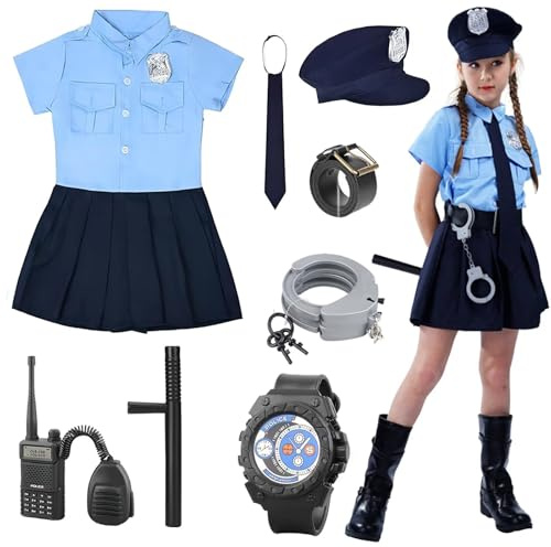 Deguisement Policier Enfant 8 PCS Costume Policier Enfant Garcon avec Accessoires Police Chemise Jupe Ceinturon Casquette Police Walkie Talkie pour Tenues De Cosplay Halloween Carnaval，01-140cm