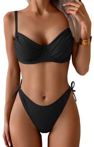 Eomenie Bikini Sets for Women Sexy Underwire Two Piece Bathing Suits Ribbed Tie Side Swimsuit Black