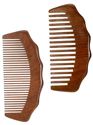 Lot de 2 peignes en bois de santal doré rétro à dents larges et à dents fines pour cheveux bouclés, raides, humides et longs