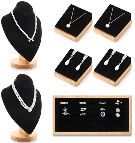 RattanView 7 Pcs Jewelry Display Set for Vendors Velvet Necklace Bust Display Stand Earring Ring Organizer for Craft Shows, Trunk Shows(Black)