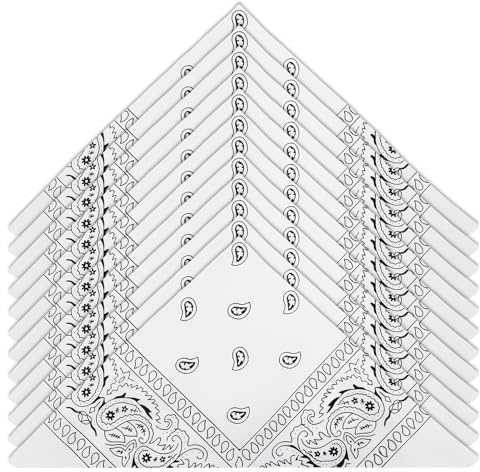 HOMIKLSA Bandane da uomo e da donna, confezione da 12 fazzoletti da collo Paisley stile cowboy per moda e accessori, bandana bianca, bianco, 22