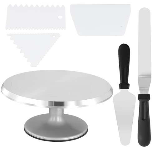 SYUTBOU Plato Giratorio de Aleación de Aluminio para Tartas, 30,7 cm, Set de 6 Piezas con 3 Espátulas y 2 Cuchillos