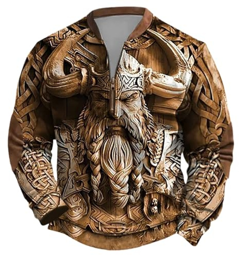 Generisch Jersey vikingo para hombre al aire libre con media cremallera de manga larga sudadera para hombre medieval mitología nórdica sudadera hombre sin capucha oversize sudadera deportiva, caqui, L