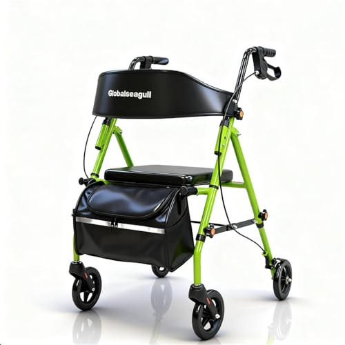 Rollator für Senioren und Erwachsene, Tragkraft bis 159 kg, höhenverstellbar, faltbar mit Aufbewahrungstasche, geländegängige, vibrationsdämpfende Räder (Grün)