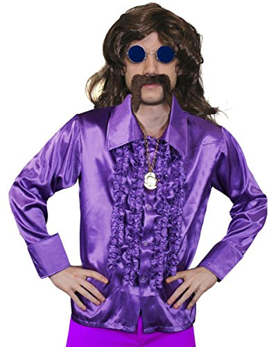 Mens 70s Disco Fancy Dress Costume - Mens Long Brown Wig, Purple Disco Shirt, Gold Medallion, Blue Coloured Glasses + Brown Moustache - Funky Fancy Dress Costume - Purple Shirt (Large)