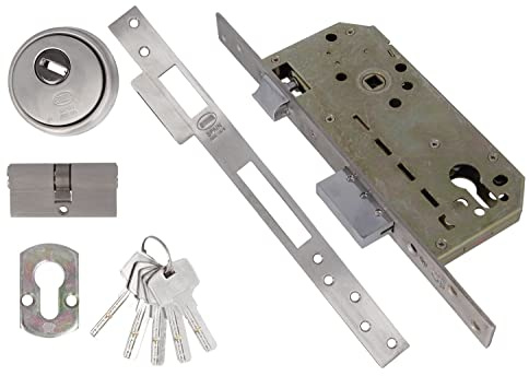 Amig - Cerradura de Embutir Mod.200 con Cilindro de Seguridad y Escudo + 5 Llaves - Para Puertas de Madera de Entrada - Con Picaporte Reversible - Para Manillas de 8 mm - De Acero Inoxidable