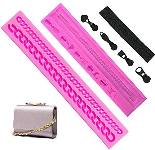 KuuGuu 2 PACK Zipper Chain Silicone Mold Realistic Chain Cake Fondant Mold Purse Bag Cake Decorating Mould for DIY Cake Border Decoration, Cupcake Topper, Jewelry, Polymer Clay, Crafting Projects