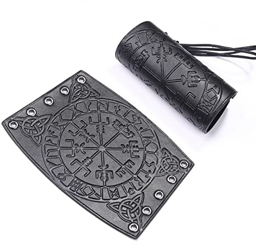Guanto in pelle polsino, cinturino in pelle pieno fiore fatto a mano, polsino in pelle gioielli braccialetto, guardia polso vichingo, braccialetti bussola runica per rievocazioni storiche (nero)