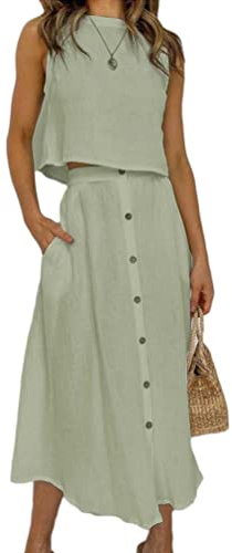 ORANDESIGNE Top sin Mangas de Lino para Mujer Elegante Casual Falda Larga de Lino Falda Acampanada Blusas sin Mangas Lino Maxi Falda Verano Playa Traje de Lino A Verde L