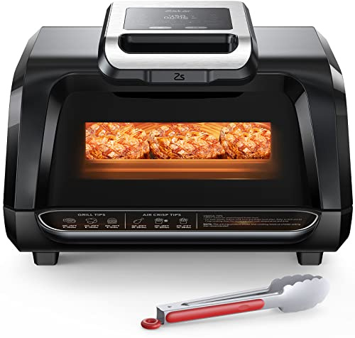 Zstar Indoor Grill Air Fryer Combo with See-Through Window, 7-in-1 Smokeless Electric Air Grill up to 450°F, 1750W Contact Grill with Non-Stick Removable Plates, Even Heat, Silicon Tongs as Gift, 4Qt