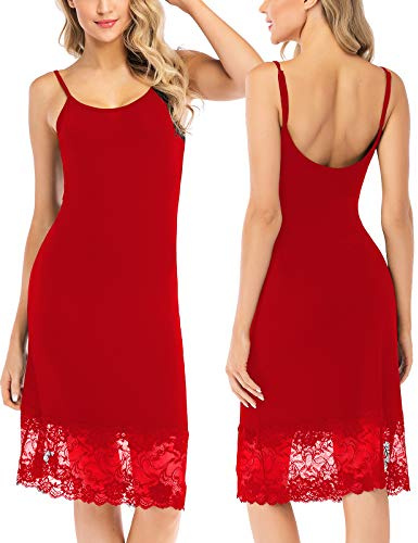 Rubehoow Soft Modal Full Slip for Women Under Dress Adjustable Spaghetti Strap Knee Length Petticoat Undergarment Nightwear (Red, L)