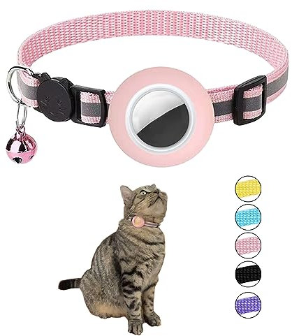 Hepplly Reflektierende Airtag Katzenhalsband mit Glocke und Airtag Halter, kompatibel mit Airtag, Katzenhalsband mit zerbrechlicher Sicherheitsschnalle für Kätzchen, Katze（ Hellrosa）