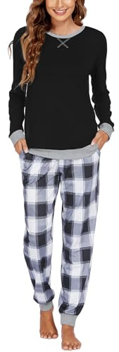 Ekouaer Pigiama Donna Invernale a Quadri Pigiama Donna Lungo Pigiami Due Pezzi da Donna con Tasche Laterali Comodo Casual per la Casa S-XXL