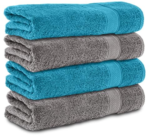 Komfortec 4 duschhanddukar 70 x 140 cm set av 100% bomull, 470 g/m², frotté, mjuk, antracit grå/turkos | Mjuka och mycket absorberande frottéhanddukar för badrum, dusch, spa och bastu, antracit/turkos