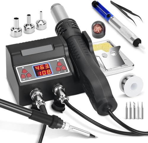 2 IN 1 Lötstation 700W Heißluft Lötstation, Lötkolben Station Entlötstation mit LED-Display, 100-480℃ Einstellbare Temperatur, mit 5 Lötspitzen, 3 Heißluftpistolen Düsen, bleifreier Lötdraht, Pinzette