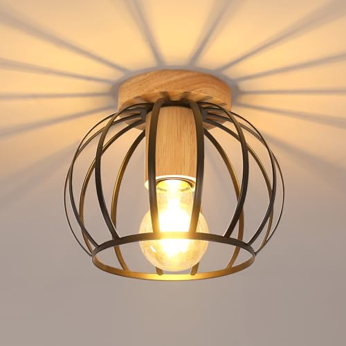 Pheashine Lámpara de Techo Vintage,Portalámparas E27, Vintage Lámpara Colgante, Pantalla de techo de Jaula de Metal con Base de Madera para Pasillo, Balcón y Comedores