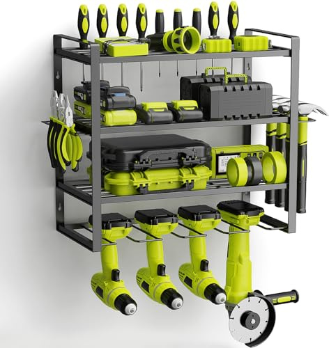 WELDUN 4-lagiger Elektrowerkzeug-Organizer, Aufbewahrungsregal, Wandmontage, Bohrerhalter für 4 Bohrmaschinen-Werkzeuge, Werkzeugregal mit seitlichem Schraubendreher-Gestell und Haken für Garage,