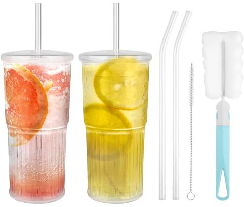 jwogngls 2 stycken glas med lock och sugrör, återanvändbara 600 ml bubble tekopp, mugg med lock och sugrör med rengöringsborste för te, kaffe, smoothies, shakes och andra drycker
