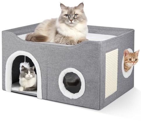 LONEASY Cat Bed, 2 Levels, Foldable Cat House with 2 Removable Cushions, Indoor Cat House with Hanging Plush Ball and Scratching Mat for Cats, Grey