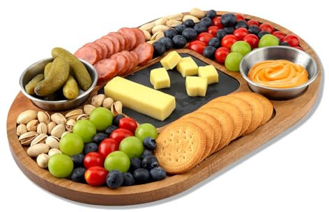 WLWNWFT Acacia Wood Serving Board Wood Serving Platter with Slate 36x24cm 2 Sauces Bowls for Steak Sushi, Steak Plate Slate Serving Plate for Grilling and Serving