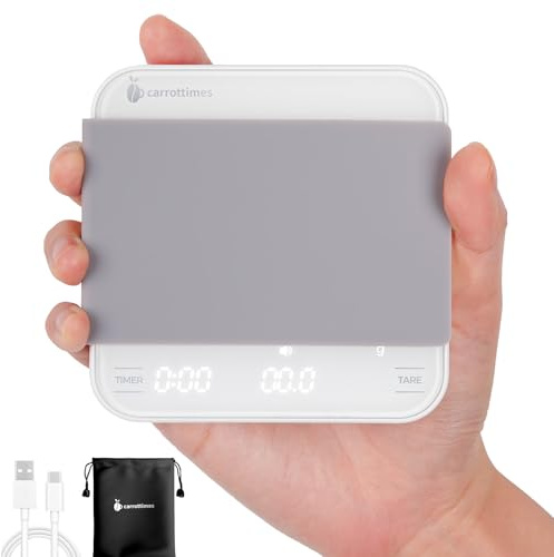 carrottimes 4 Modos Mini Bascula Cafe Recargable con Temporizador, Bascula de Precision para Espresso de 2kg/0.1g, Coffee Scale Portátil con para Espresso y Café Servido (Blanca)