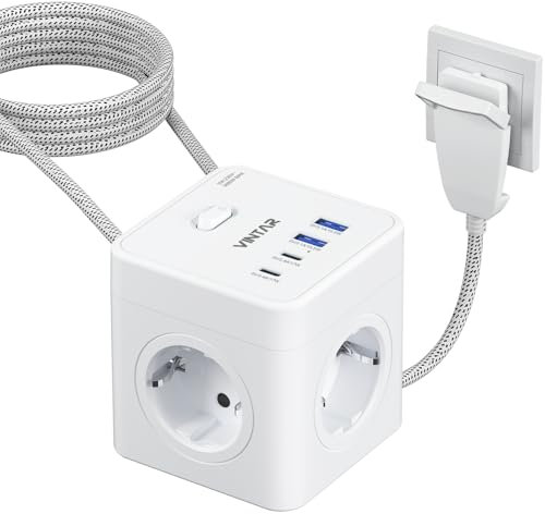 VINTAR 8 en 1 Regleta de Enchufes Enchufe Plano, 4 Compartimento Toma de Corriente Múltiple con 2 USB C y 2 USB A, Sockets 3680W con 2M Trenzado para Cable de Oficina, Hogar