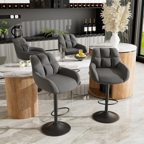 Hawthyhome Barhocker 4er Set Barstühle Höhenverstellbar mit Armlehne&Rückenlehne 360° Drehstuhl PU-Leder Küchenstühle mit Fußstütze für die Küche/Wohnzimmer/Bar/Esszimmer Grau