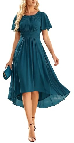 Ever-Pretty Abito da Cerimonia Donna Maniche a Volant Chiffon Pieghe al Ginocchio Abito da Sera Elegante Teal 44