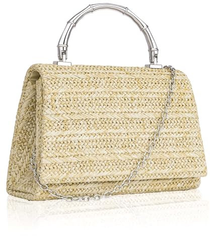 Larcenciel Stroh Clutch, Sommer Strand Damenhandtasche mit Abnehmbarer Kette, Elegante Bambusgriff Geflochtene Tasche, Boho Gewebte Abendtasche, Lässige Umhängetasche für Party, Urlaub, 18x12x6CM