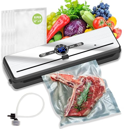 VNIMTI Vacuum Sealer Machine for Food, 70Kpa Vacuum Food Sealer with Dual Heat Seal, Multi-Functional with Moist & Dry Mode, Food Saver with Built-in Cutter, 5 Bags, External Vacuum Hose for Jars