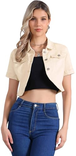 Allegra K Blouson en Jean Court Femme Veste Court en Denim Délavé Décontractée Col Rabattu Manches Courtes Boléro Vintage