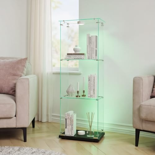 TIMORWTF - Vitrina de cristal con luces LED moderna, armario de 3 estantes y puerta, pared para colección, dormitorio, salón y comedor, 123 x 40 x 35 cm, color negro