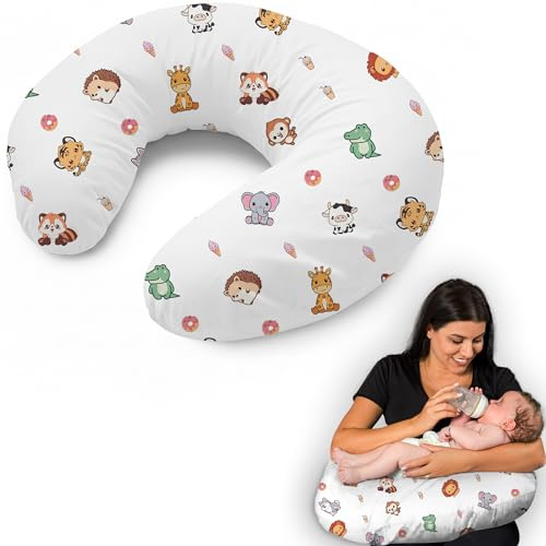 Flowen Cojín Lactancia Bebé y Almohada Embarazada Idea Regalo para Nuevas Mamás con Funda de 100% Algodón Almohada Multifuncional para Apoyo Espalda y Relleno Suave Accesorio de Maternidad