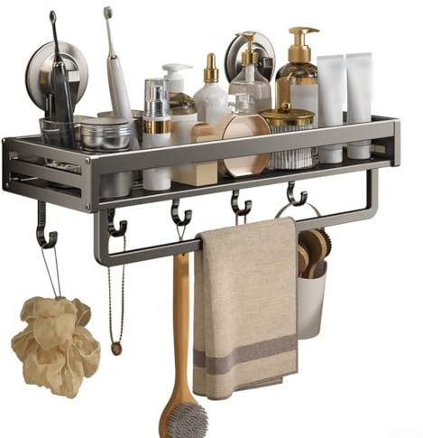 Yuanpgky Étagère de salle de bain à ventouse pour articles de toilette, étagère de rangement en aluminium de 30 cm avec tige à crochet, étagère de douche grise pour surfaces lisses, résistante à la
