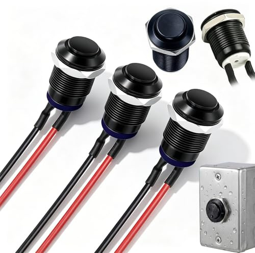 Nevoluxer 3 pulsadores impermeables de acero inoxidable, 12 mm, 2 A, 12 V, 24 V, 125 V, 250 V, Pulsadores para Coche 12V/24V/125V/250V CA (negro)