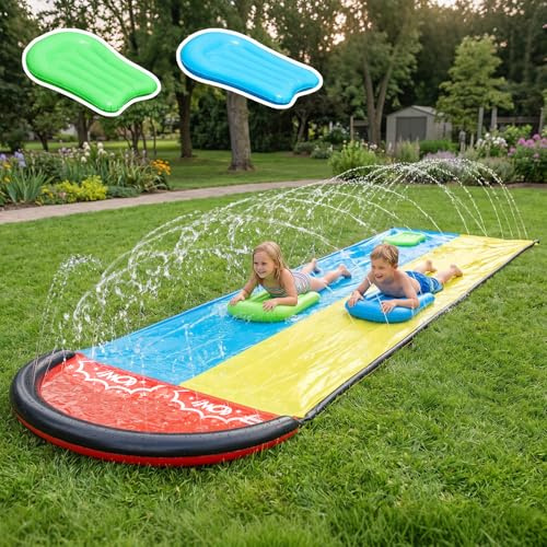 Scivolo d'acqua gonfiabile da 4,8 m, con tavola da surf, scivolo d'acqua da giardino per bambini, per esterni, scivolo d'acqua gonfiabile, l'irrigatore integrato copre l'intero scivolo (2P)