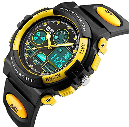 Kinder-Digitaluhr für Jungen – Mädchen, Kinder, Sport, elektronisch, wasserdicht, Outdoor-Uhren mit Stoppuhr, Wecker, Timer, LED-Licht, Dual-Zeitzone, gelb, Armband