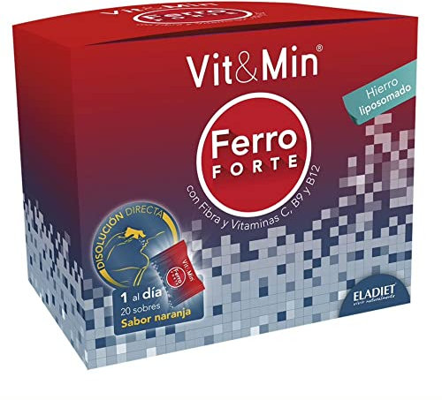 Eladiet Complemento Alimenticio con Hierro, Vitaminas y Fructooligosacáridos - Vit&Min Ferro Forte - 20 Sobres - Sabor Naranja - Ayuda a Disminuir el Cansancio y la Formación de Glóbulos Rojos