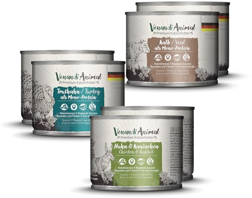 Venandi Animal Premium Nassfutter für Katzen, Probierpaket II, Huhn + Kaninchen, Kalb, Truthahn, 6 x 200 g, getreidefrei und naturbelassen, 1.2 kg