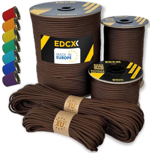EdcX Paracord 550 typ III 4 mm – 7 kärntrådar, 100% nylon, slitstarka upp till 250 kg – 35+ färger (10/15/30/50/100/300 m) – överlevnadsrep, fallskärmssnöre, tältkoppel | Tillverkad i EU (choklad, 30