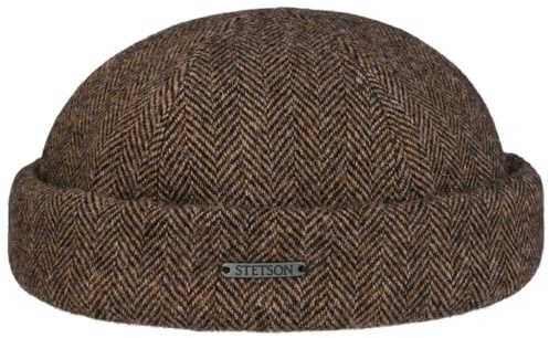 STETSON Bonnet Docker Lavoy Herringbone Wool Homme - Made in The EU Casquette Style pour l'hiver avec Revers, Bonnets Docker, Doublure Automne-Hiver - S (54-55 cm) Marron