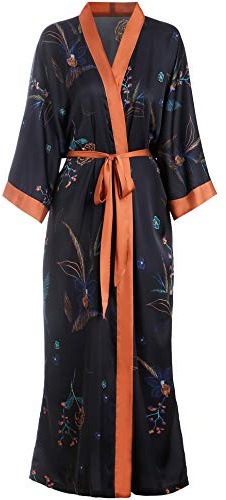 Aensso long soft silk y kimono robes for women, black floral lightweight wedding robe