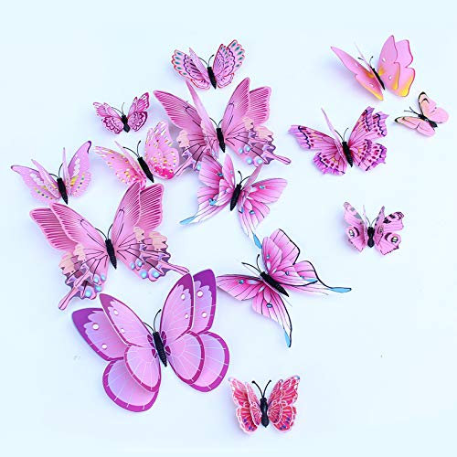 JYPHM 24 Stück 3D Schmetterlinge Deko Abnehmbare Dekoration Wandtattoo Butterfly Wandsticker Schmetterling Wandaufkleber Heimdeko Kinderzimmer Schlafzimmer Deko Rosa
