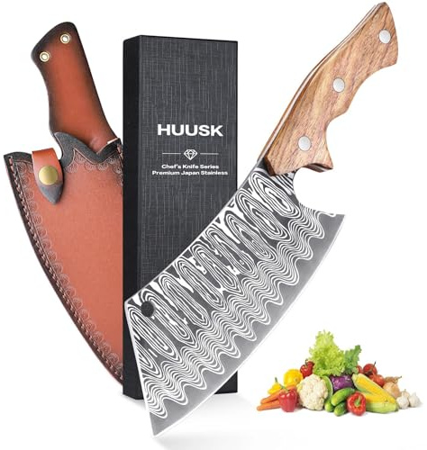 Huusk Hand Forged Meat Cleaver Knife, Japanese Chef Knives with Sheath, Cooking Butcher Knife for Meat Cutting, Vegetable Cleaver for Kitchen, Camping, Gift for Men and Women