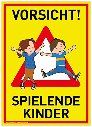 Großes Schild Vorsicht! Spielende Kinder | 30x42cm | wetterfestes PVC-Schild mit UV-Schutz | signalgelb | Achtung Spieplatz | Langsam! Spielende Kinder